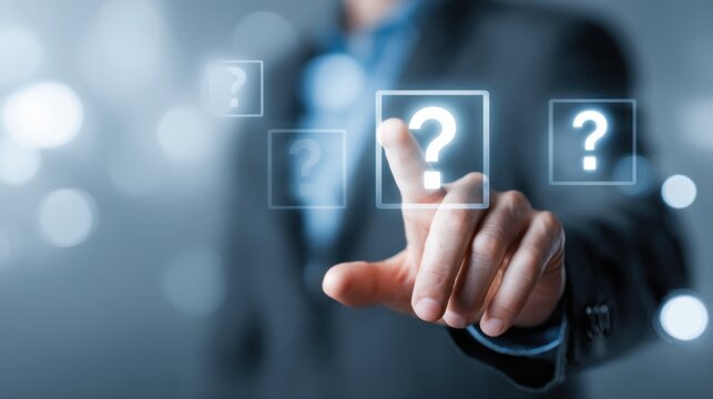 Businessman touching a virtual question mark icon on a futuristic touch screen interface. Customer support concept for corporate presentation.