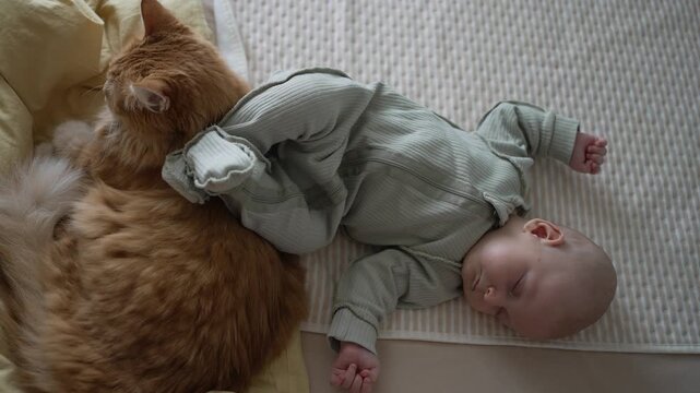 Top down view of a sweet newborn baby sleeping soundly on a bed with its legs resting on a fluffy ginger cat, a tender moment showing the beautiful friendship between a child and a pet