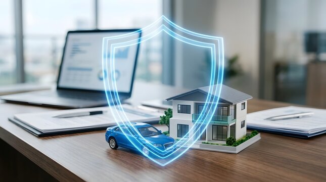 Insurance concept showing digital shield protecting house model and toy car on office desk.