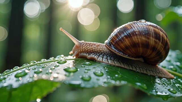 Snail moving slowly on a wet leaf water droplets forest bokeh copy-0
