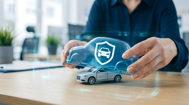 Car insurance concept with digital shield protecting toy vehicle on desk.
