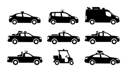 Police Car Icons, Law Enforcement Vehicles, Security Patrol Fleet, Vector Graphics Set © Iqbal
