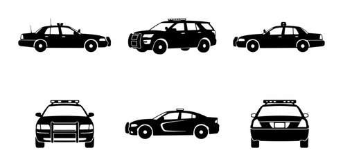 Police Car Icons Set: Law Enforcement Vehicles, Patrol Cars, Emergency Services, Black Silhouettes © Iqbal