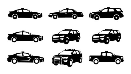 Police Car Icons, Law Enforcement Vehicle Silhouettes, Security Patrol Vector Set © Iqbal