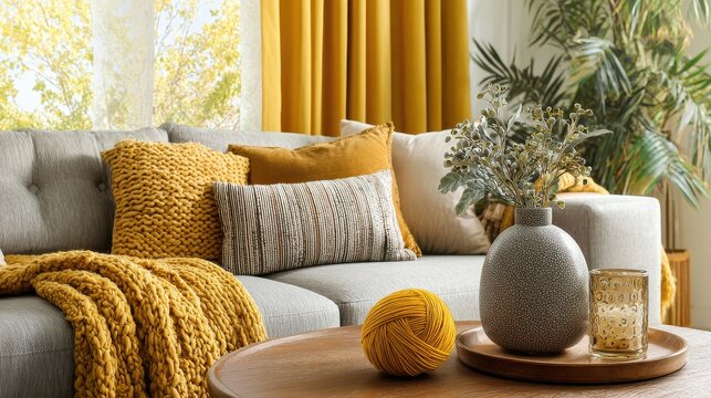 A cozy living room featuring a comfortable gray sofa with warm yellow accents and decorative home decor. Perfect for interior design and lifestyle concepts.