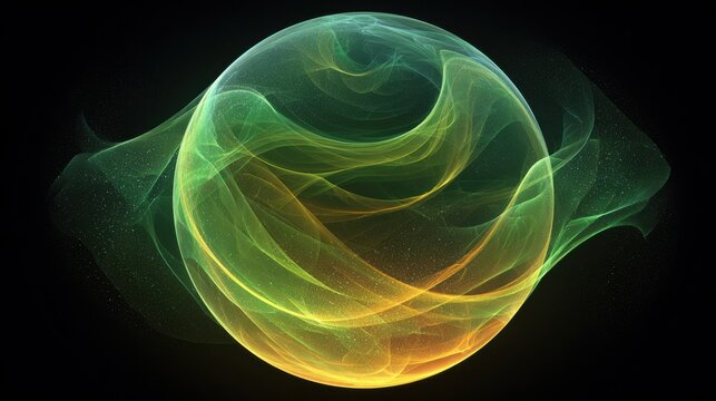 A glowing futuristic sphere filled with swirling green and yellow energy waves floats against a dark background. This abstract digital art piece is ideal for technology and.