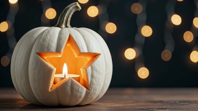 White pumpkin a carved star pattern candlelight glowing insid-0