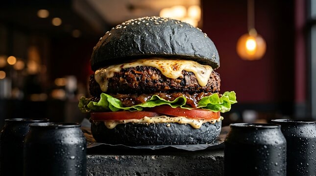 Gourmet black charcoal burger with melted cheese and fresh vegetables served on dark rustic surface with cold black soda cans for modern fast food restaurant menu photography and dining concept