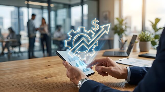 Businessman using holographic financial growth app on smartphone in office.