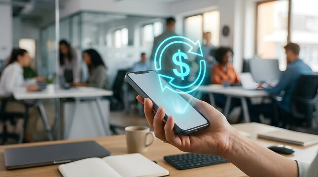 Fintech concept with digital dollar hologram above a smartphone in a modern office environment.