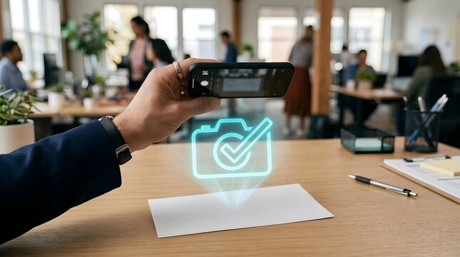 Man uses smartphone AR to scan and verify documents in a modern office setting.