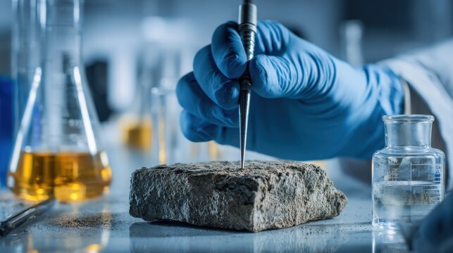 A scientist in blue gloves tests a geological rock sample with a metal tool in a laboratory. This image is ideal for scientific research and mineralogy concepts.