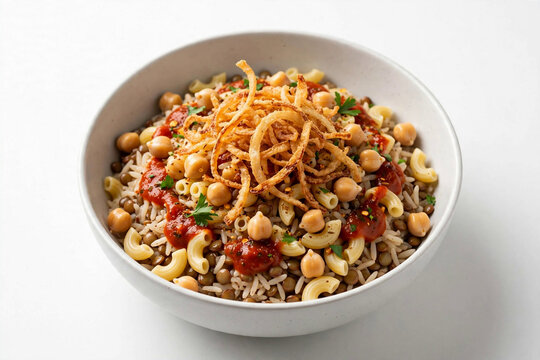 egyptian koshari bowl white background 