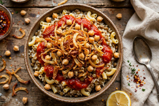 egyptian koshari bowl traditional rice lentils pasta chickpeas fried onions tomato sauce overhead rustic table authentic street food
