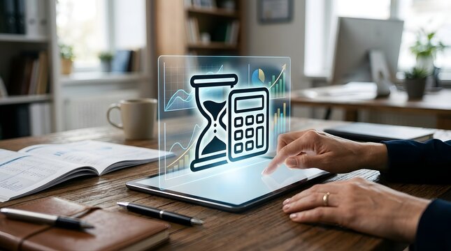 Professional using tablet with financial icons and hourglass hologram for time management and accounting.