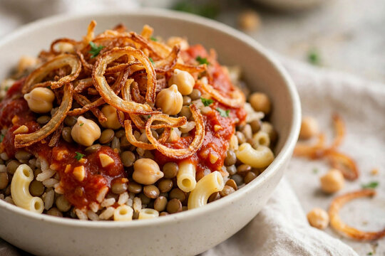 egyptian koshari closeup 45 degree angle crispy onions chickpeas rice pasta