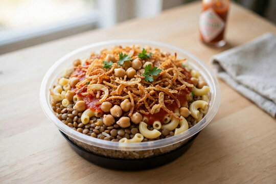 egyptian koshari clean casual takeaway bowl neat table daylight authentic