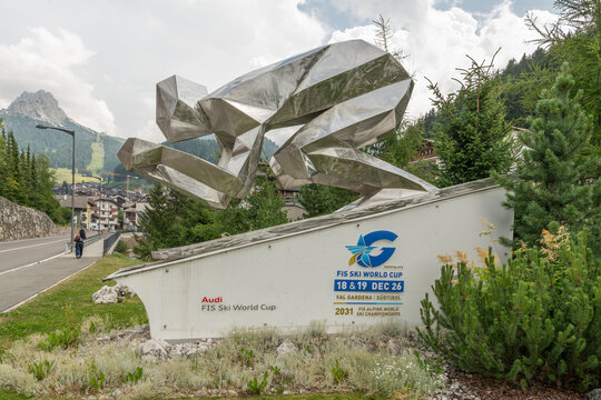 14 July 2026, Ortisei, Italy. FIS Ski World Cup 2026 and FIS Alpine World Ski Championships 2031 ski sculpture in Val Gardena