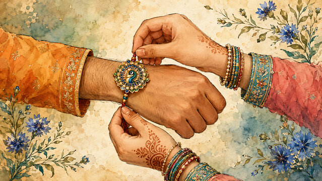 Watercolor art of sister hands tying beautiful peacock rakhi on brother wrist with mehendi celebrating happy raksha bandhan traditional indian festival event