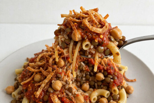 egyptian koshari spoon lifting bite action food photography texture mouthwatering