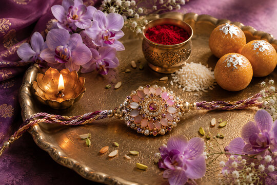 Golden puja thali with sweet ladoo lighted diya purple orchid flowers and stylish pink rakhi celebrating happy raksha bandhan festive ritual tradition
