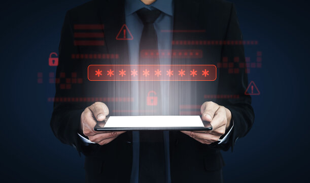 Password security breach warning with red asterisk box, cybersecurity alert, lock icons, and critical vulnerability signals in digital system access Vouch