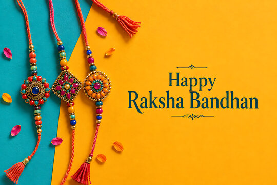 Three colorful designer rakhi threads placed on yellow and cyan background for happy raksha bandhan indian cultural festival greeting card design concept