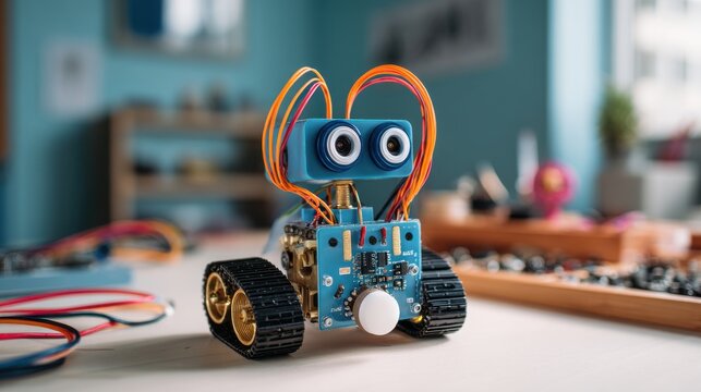 A small handmade robot with caterpillar tracks and wire antennas sits on a workshop table. This DIY technology concept is perfect for STEM education and robotics articles.