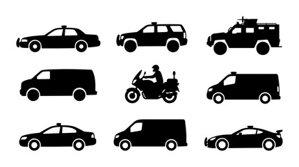 Police Vehicle Icons Set: Patrol Cars, SUV, Motorcycle, Van, Security Transport © Zarin