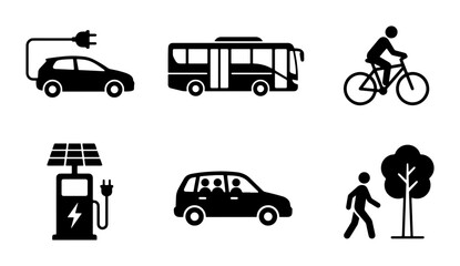 Fototapeta premium Eco-Friendly Transportation Icons: Electric Car, Bus, Bicycle, Solar Charging, Family Car, Pedestrian