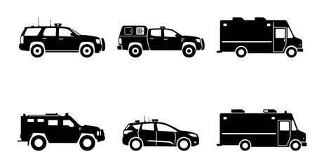 Security Vehicles Icons Set: Armored Car, Police SUV, Truck, Van, Patrol Car, Transport © Zarin