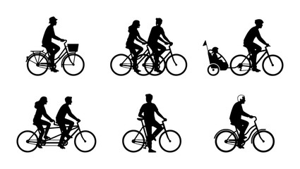 Naklejka premium Bicycle Silhouettes: Family Cycling, Tandem Rides, and Child Trailer Vector Icons