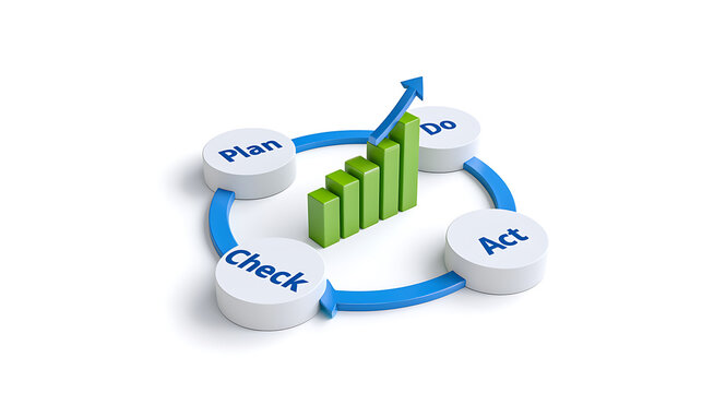 3D render of plan do check act cycle business management concept with green growth chart graph arrow on white background corporate strategy