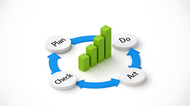 A 3D business cycle diagram illustrating the plan, do, check, act methodology with green bar charts and blue arrows on white background