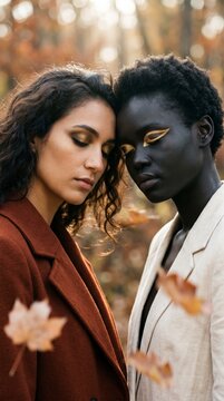 Emotional female moment With Golden Winged Face Art Touch Foreheads In A Golden Autumn Forest