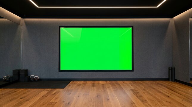 Modern gym interior with green screen mockup display wall