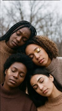Women With Golden Moon Face Art Rest Together In A Peaceful Autumn Woodland