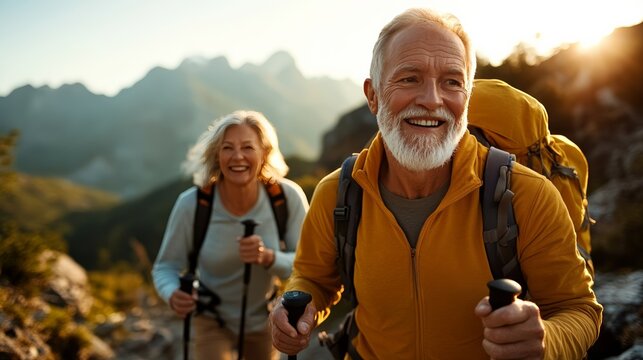Golden Years on the Trail: A joyful senior couple, beaming with happiness, embarks on a mountain hike, their backpacks ready and hiking poles in hand, as the golden sun sets behind the majestic peaks.