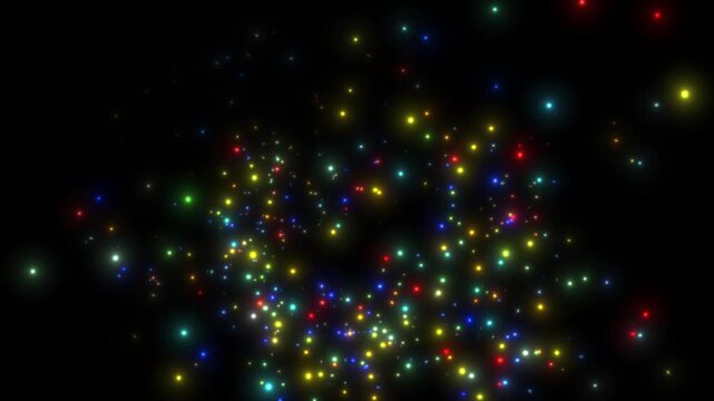 Colorful particles light blinking with warm rays, blinking glitter particles light explosion on black background, abstract background for luxury intros, award reveals, festive videos and transitions