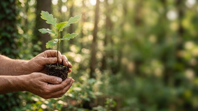 Young oak sapling held in hands, reforestation and environmental conservation concept, small green tree seedling in forest