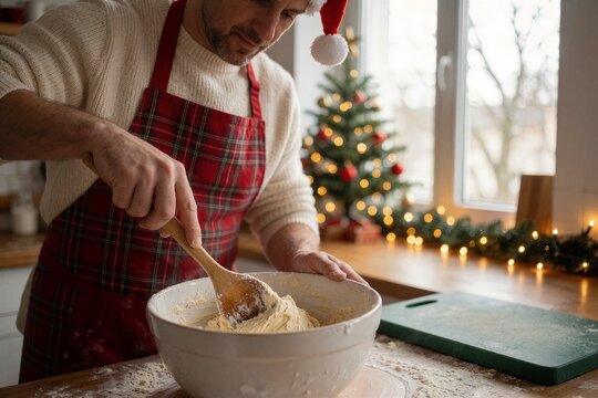 A man mixes Christmas cookie dough in a white bowl while wearing a red plaid apron, set against a festive, warmly lit kitchen backdrop.
