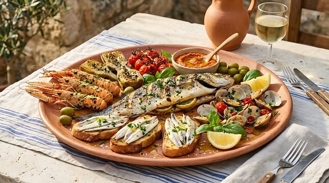 Mediterranean seafood platter featuring whole grilled sea bass with roasted tomatoes artichokes and fresh clams served on rustic clay plate on linen tablecloth in sunny outdoor garden setting