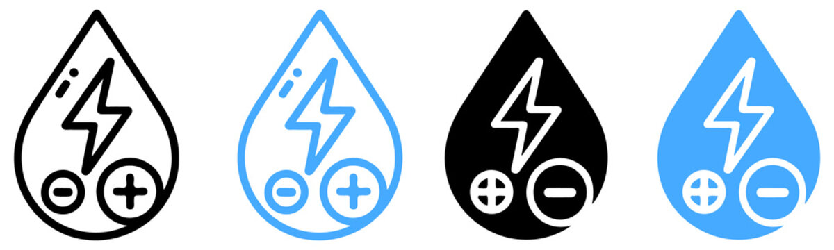 Four droplet with lightning bolt and plus minus symbols in black and blue
