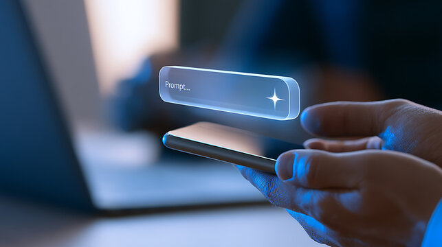 Futuristic digital assistant concept with virtual prompt bar interface hover above mobile phone screen in modern office work environment setup
