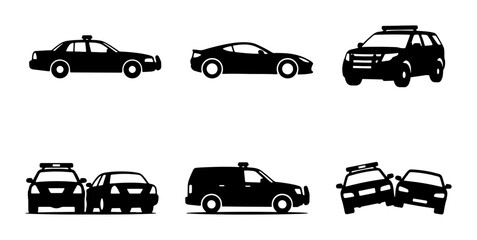 Police Car Icons Set, Law Enforcement Vehicle Silhouettes, Emergency Transport Vector Graphics, Security Patrol Cars Collection © Toki