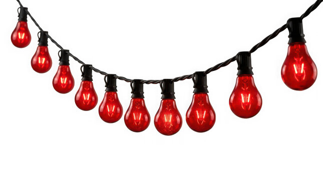 String of red christmas light bulbs isolated on transparent background
