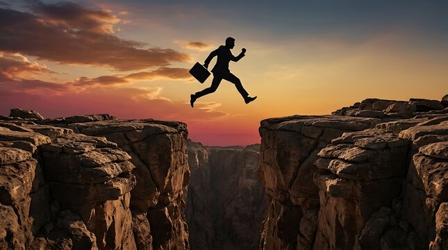 Silhouette of businessman with briefcase jumping over deep rocky canyon gap at sunset as a metaphor for overcoming business challenges taking risks and achieving professional career success