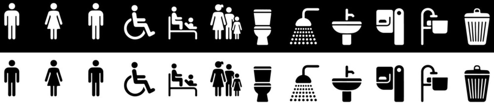Set of 12 black and white bathroom including people toilet shower sink trash can and accessibility symbols on a white background