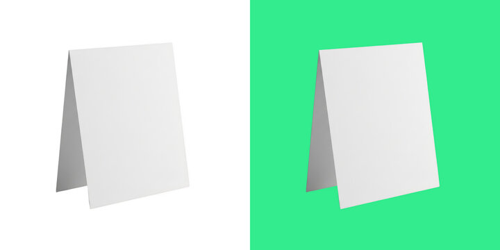 A dual view side by side white blank table tent card mockup display
