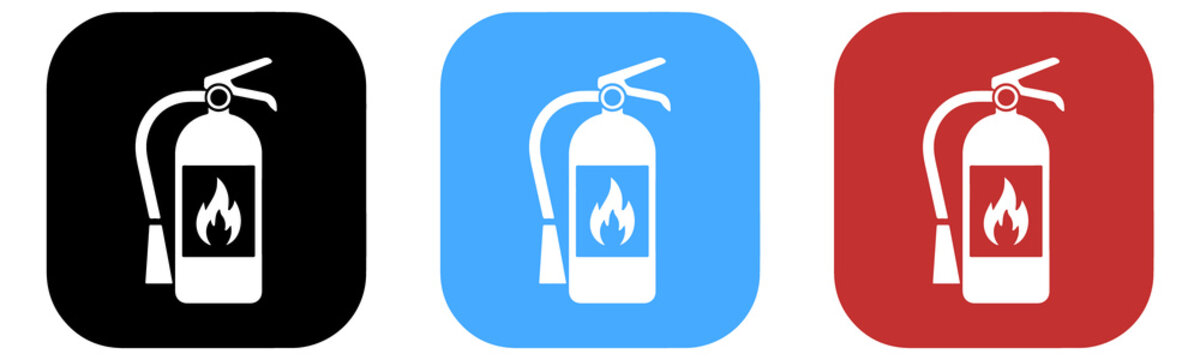 Three fire extinguisher in black blue and red square backgrounds with rounded corners